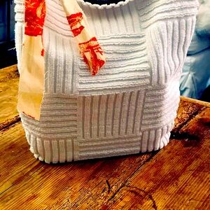 Vintage White Textured Tote Bag with Red Accent